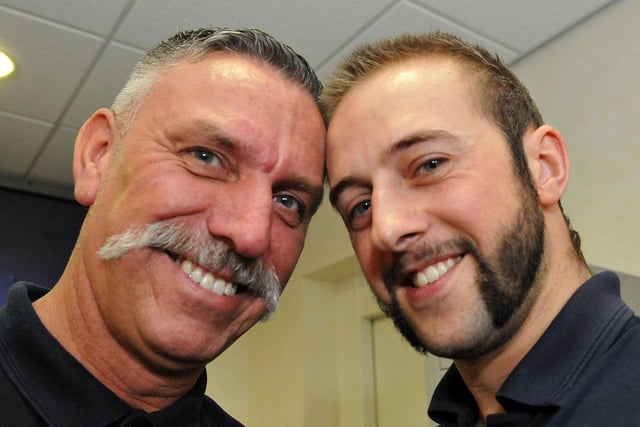 TRW workers Michael Farne (left) and Antony Dunbar with their Movember moustaches in Peterlee in 2012.