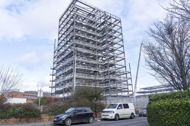 A £75m complex of upmarket flats is starting to take shape on Sylvester Street near Decathlon and its striking construction of girders is very visible from St Mary’s roundabout.
Picture Scott Merrylees