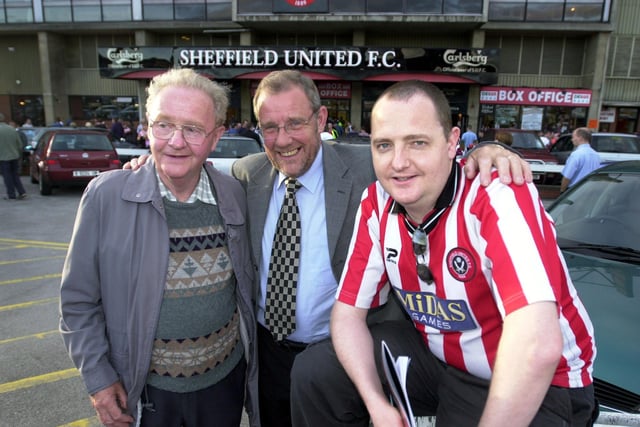Blades fan Adrian Bell who hitch hikes from London to every blades match, pictured at Bramall Lane in 2002 with sports minister Richard Caborn MP and Rennie Bell, Adrian's dad who also was Richard Caborns' foreman at Firth Brown when he started as an apprentice fitter