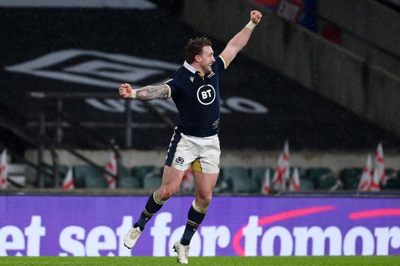 Stuart Hogg of Scotland celebrates following their side's victory after the Guinness Six Nations match between England and Scotland at Twickenham Stadium