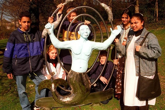 Pictured at Abbeydale Grange School, Hastings Road, Sheffield, where pupils are seen with the sculpture they produced with artists Jonny White and Amanda Wray. Pupils are:  Infan Azad, Rachael Hunt, Dan Atherton, Andrew McCall, Shilphi Begum, and Nurjahan Begum, March 1998