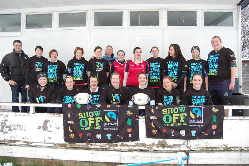 The Sheffield RUFC ladies team showing of their Fairtrade labels in 2011