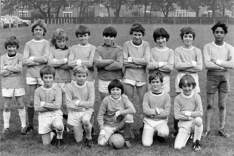 St Gregory's Junior School football team. Back row, left to right:  A Michella, G Welsh, M Haley, M Brewer, T Szalay, S Scourfield, S McGurk, P Askins, J Livingstone. Front row: left to right:  A Cairns, D Chapman, A Kelly, M Balfour, A Moore.