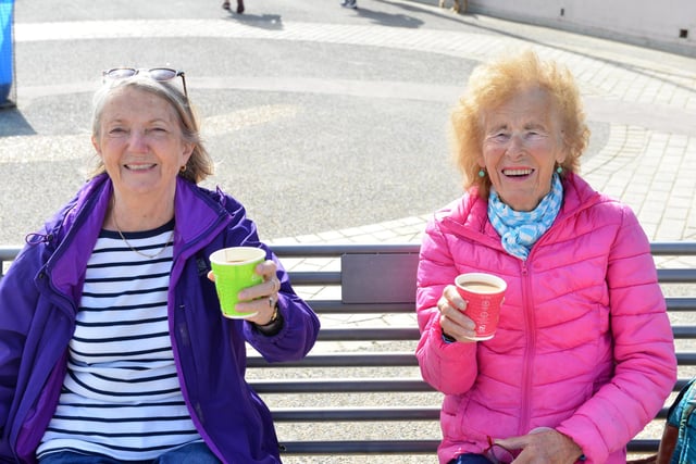 Friends Eileen Robertson and Gill Griffith enjoying coffee in the sun at Sandhaven Beach in South Shields.
