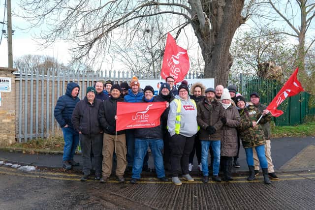 Members of Unite picket the Stagecoach depot at Ecclesfield as the drivers strike over pay
