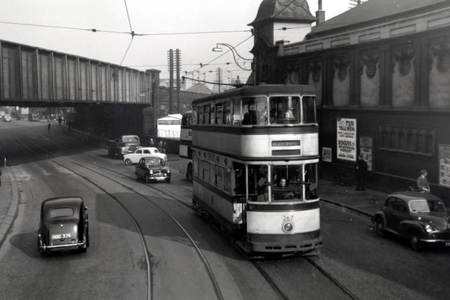 An old picture showing tramcar No 267 at Heeley Bridge