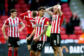 Full time whistle frustration for Sheffield United's Morgan Gibbs-White and Oli McBunie after the draw against AFC Bournemouth. Simon Bellis / Sportimage