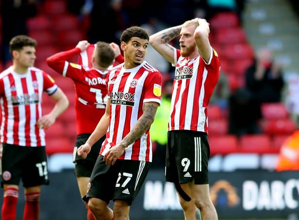 Full time whistle frustration for Sheffield United's Morgan Gibbs-White and Oli McBunie after the draw against AFC Bournemouth. Simon Bellis / Sportimage