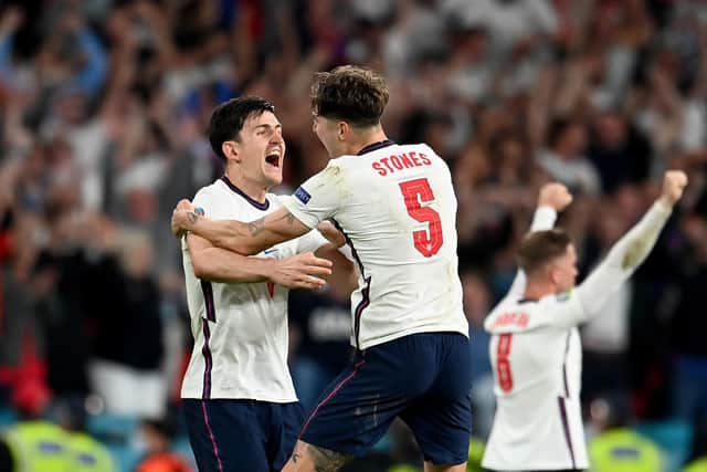 Maguire and Stones celebrate beating Denmark in the semi-finals. Photo: Getty Images
