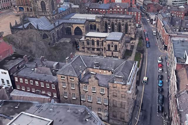 View of the playground, which was over a 50ft drop until the building was filled in in 1850. Sheffield Cathedral is behind. Pic: Google.