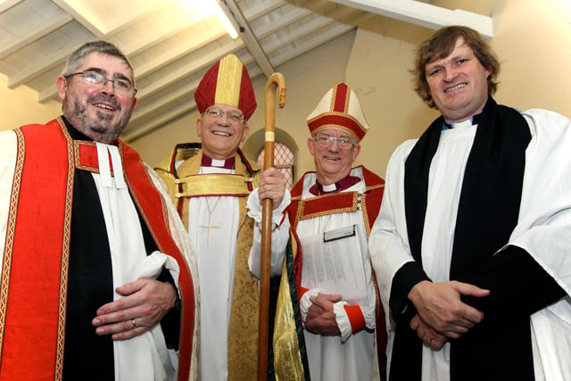 L-R- Arch Deacon, Bob Fitzharris, Bishop of Doncaster, Cyril Ashton, Assistant Bishop of Sheffield, David Hallatt and Vicar of St. James, Alan Murray take a service at St James before enjoying a parade to Doncaster Minster for the 150th Anniversary in 2008
