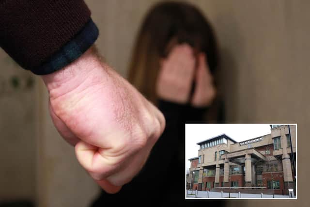 Sheffield Crown Court, pictured, has heard how a South Yorkshire thug has been given a suspended prison sentence after he punched his ex-partner and trod on her hand at her home before damaging her television and clothing.