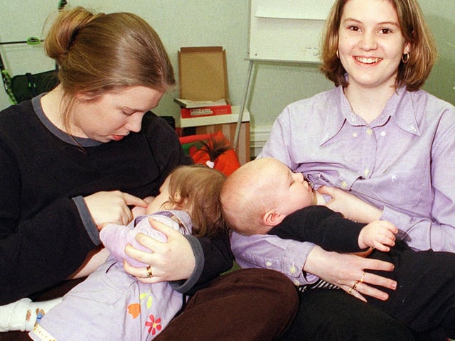 At the Bosom Buddies club at the Doncaster Womens Centre breast awareness day left Alana Dugher of EDlington feed her son Charley 8 months right Hayley Patrick of Warmssworth feds her son Kyle Drury aged 5 months