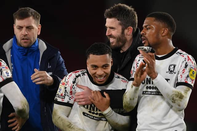 Michael Carrick, manager of Middlesbrough, celebrates with Cameron Archer and Chuba Akpom after victory over Sheffield United (Michael Regan/Getty Images)