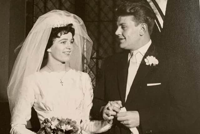 Maria and Brian Platts on their wedding day at St Marie's Cathedral, Sheffield - they were married for 52 years
