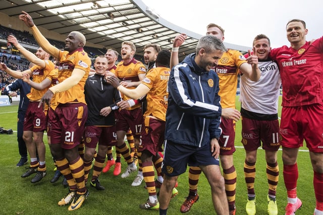 Motherwell players celebrate after the Betfred Cup semi-final at Hampden Park on October 22, 2017 in Glasgow. (Photo by Steve Welsh/Getty Images)