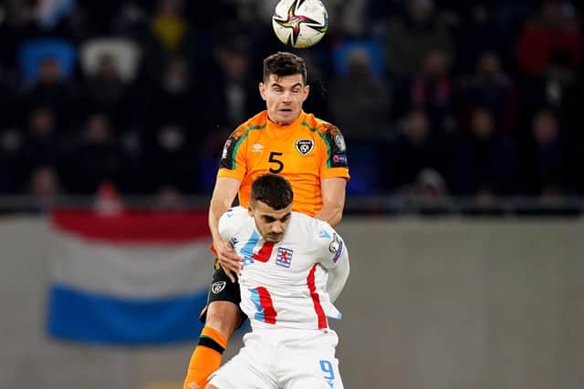 Republic of Ireland's John Egan  in action with Luxembourg's Danel Sinani during the FIFA World Cup Qualifying match at the Stade de Luxembourg: John Walton/PA Wire
