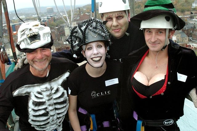 Taking party in a charity Halloween abseil down the side of the Hotel Bristol in aid of the Kids With Cancer charity, are, left to right, 'Skelton' (Keith Tomlinson), 'Medusa' (Adele Robertson), 'Frankenstein' (Andrew Robertson) and 'Witch' (Neil Cawthorne), October 31, 2004