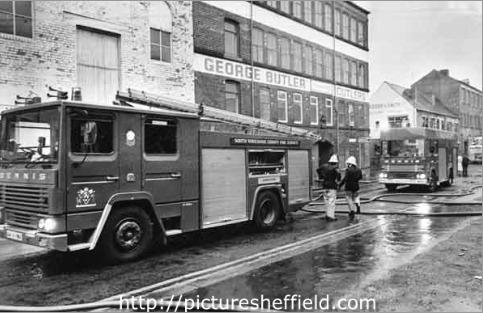 Fire engines outside George Butler and Co. Ltd., cutlery and electro plate manufacturers, Matilda Street, in 1985. PIcture: Sheffield Newspapes / Picture Sheffield