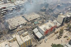 This earial view shows the aftermath of the fire that broke out at at Waaheen market in Hargeisa, Somaliland, on April 2, 2022. - A massive fire tore through the main market in the city of Hargeisa in northern Somalia overnight, injuring about two dozen people and destroying hundreds of businesses, officials said on April 2, 2022. (Photo by MATAAN YUUSUF / AFP) (Photo by MATAAN YUUSUF/AFP via Getty Images)