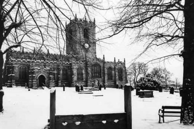 St. Mary C. of E. Church on Church Street, Ecclesfield, Sheffield, in the snow in 1985
