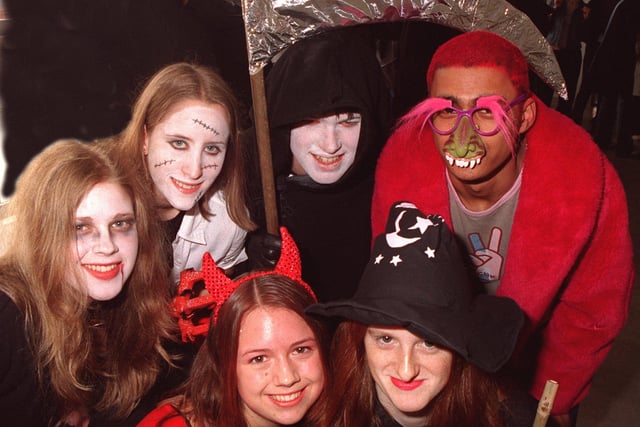 Pupils at Tapton School Sixth Form dress up to the theme of horror - for charity week in 2002
L-R:back: Malika Eisenhut, 17; Ruth Bird, 17; John Biggins, 17; Rasel Ahmed, 16 ; Front: Liz Bampton, 17 and Sian Chess-Williams, 16.