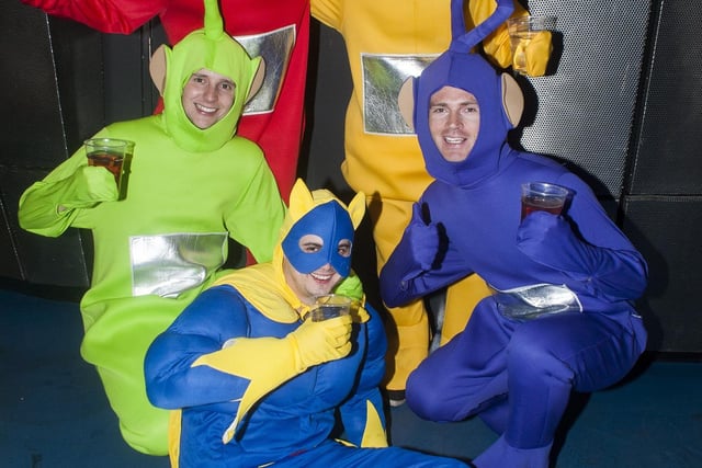 Tellytubbies Joe France, Andy Woods, Lee Borgon, Kevin Ford with Bananaman Danny State at Sheffield's Biggest Fancy Dress Ball in The Hubs, Hallam University, Paternoster Row, Sheffield in April 2013