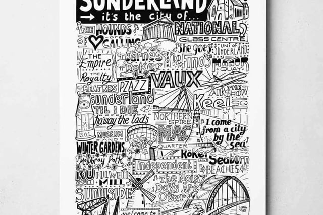 Celebrate all things Sunderland with this print by artist Michael Wylie who runs Sketch Book Design. He makes typography prints for a range of cities and towns including his home town of Sunderland, as well as bespoke commissions. Prints are priced from £14.95 to £64.95 , depending on size and framing. Visit www.sketchbookdesign.co.uk