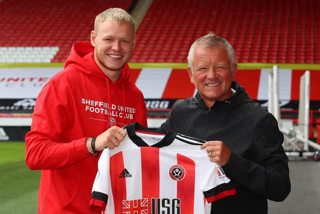 Goalkeeper Aaron Ramsdale is welcomed back to Sheffield United by manager Chris Wilder at Bramall Lane: Simon Bellis/Sportimage