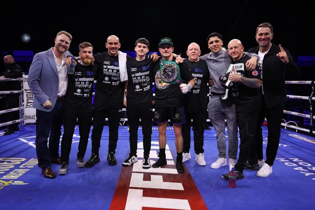 Dalton Smith and his team celebrate beating Jose Zepeda in the WBC international super lightweight title fight. Picture: Mark Robinson/Matchroom BoxingDalton Smith wins