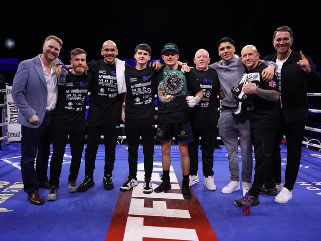 Dalton Smith and his team celebrate beating Jose Zepeda in the WBC international super lightweight title fight. Picture: Mark Robinson/Matchroom BoxingDalton Smith wins