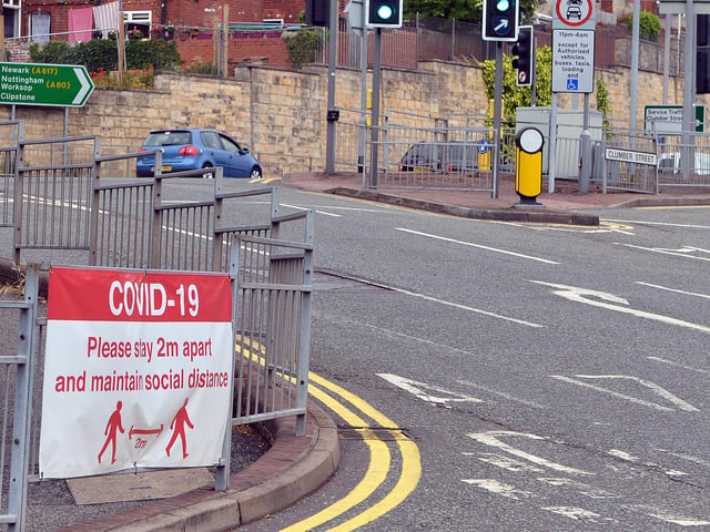 Mansfield Town centre 10 weeks into lockdown. Signs going up in preparation for more lockdown easing on Monday June 15th.