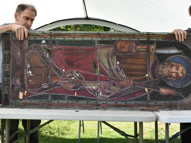 One of the missing 13 stained glass panels from St Mary's Church bought by Colin Mantripp at auction in Buckinghamshire