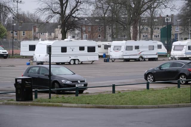 Traveller camp in the car park at Hillsborough Park in Sheffield. Sheffield Council says they have been asked to leave before Sheffield Wednesday play again.