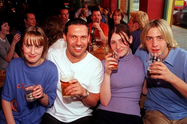 Pictured at the Cavendish Pub, West Street, Sheffield, where young people are seen enjoying a drink. 
Left to right are: Lindsay Fisher, Sean Holden, Lindsey Hara, and Matthew Hounsley (September 1998)