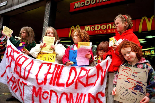 Sheffield children demonstrate against unhealthy meals outside McDonald's on The Moor in October 1996.