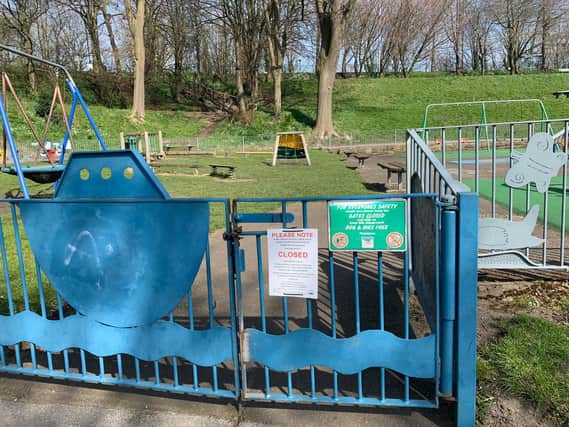 A sign at the playground in Crookes Valley Park, Sheffield, which has been closed due to coronavirus