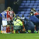 John Fleck of Sheffield Utd  attempts to stand after he needed medical treatment before being stretchered off  during the Sky Bet Championship match at the Select Car Leasing Stadium, Reading.  David Klein / Sportimage