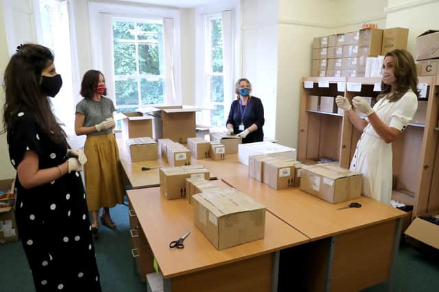 The Duchess of Cambridge wearing a face mask, talks to Founder of Abernecessities Danielle Flecher-Horn, CEO Little Village Sophia Parker and CEO Baby Basics UK Cat Ross during a visit to Baby Basic UK & Baby Basics in Sheffield