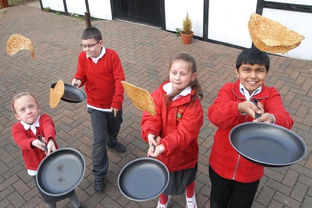 Palterton Primary School pupils  Holly Adams, Alex Szeniawski, Fern Clifford and Aaron O'Farrell showed their pancake tossing skills at a party for the School in 2015