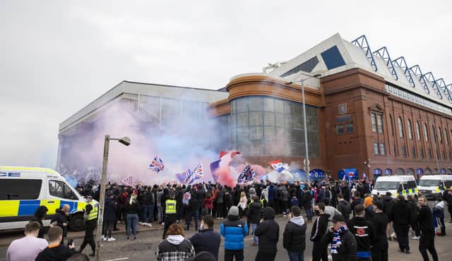 Rangers fans pre match during a Scottish Premiership match between Rangers and St Mirren at Ibrox Stadium, on March 06, 2021, in Glasgow, Scotland. (Photo by Craig Williamson / SNS Group)