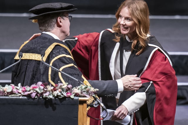 Vice Chancellor of Sheffield Hallam University Chris Husbands (left) congratulates Geri Halliwell-Horner (right) after she received an honorary doctorate from Sheffield Hallam University at Ponds Forge International Sports Centre in Sheffield. Picture date: Tuesday November 22, 2022.