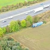 An aerial view of the crash on the M1 near Sheffield which has caused major congestion and left some homes without power