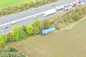 An aerial view of the crash on the M1 near Sheffield which has caused major congestion and left some homes without power