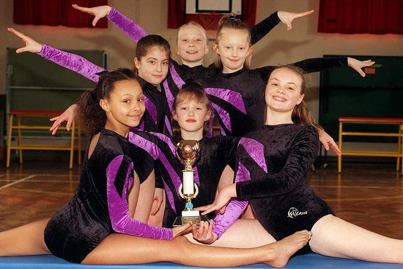 Members of the Totley Primary School gym team who are Yorkshire Floor and Vault Champions. Picture shows back row: Daisy Freeston, Simone Dawson, Emma Kelley.  Front: Martha Thickett, Laura Kelley and Katie Johnson, March 1999