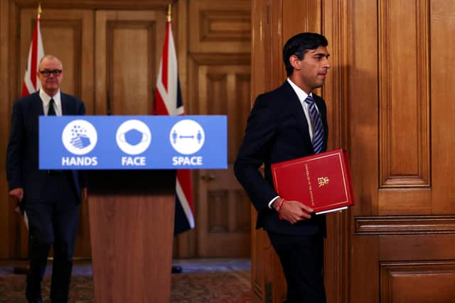 Chancellor of the Exchequer Rishi Sunak arrive for a media briefing in Downing Street, London, on coronavirus (COVID-19).