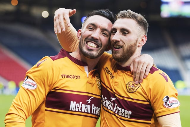 Louis Moult of Motherwell celebrates with team-mate Ryan Bowman after the Betfred Cup semi-final at Hampden Park on October 22, 2017, in Glasgow. (Photo by Steve Welsh/Getty Images)