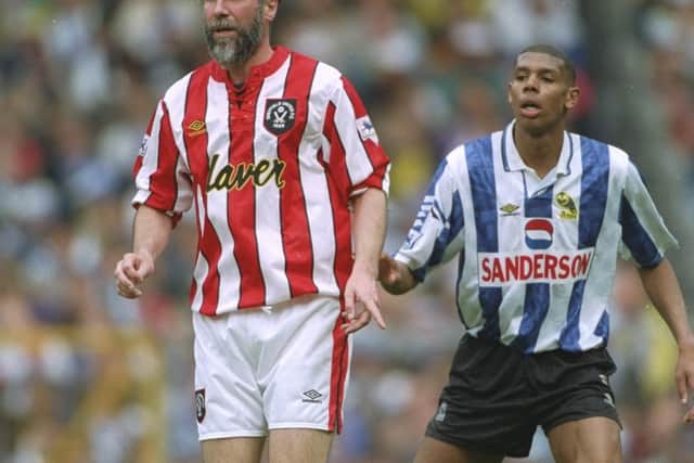 3 Apr 1993:  Alan Cork (left) of Sheffield United and Carlton Palmer of Sheffield Wednesday keep an eye on the ball during the FA Cup semi-final at the Hillsborough Stadium in Sheffield, England. Sheffield Wednesday won the match 2-1. \ Mandatory Credit:Allsport UK /Allsport
