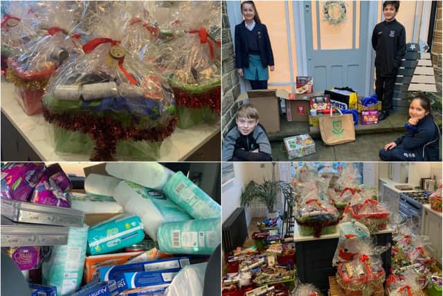 Clockwise from top left, finished hampers, Daniela's and Rosie's children with donations, a kitchen full of hampers awaiting delivery and items going to a food bank