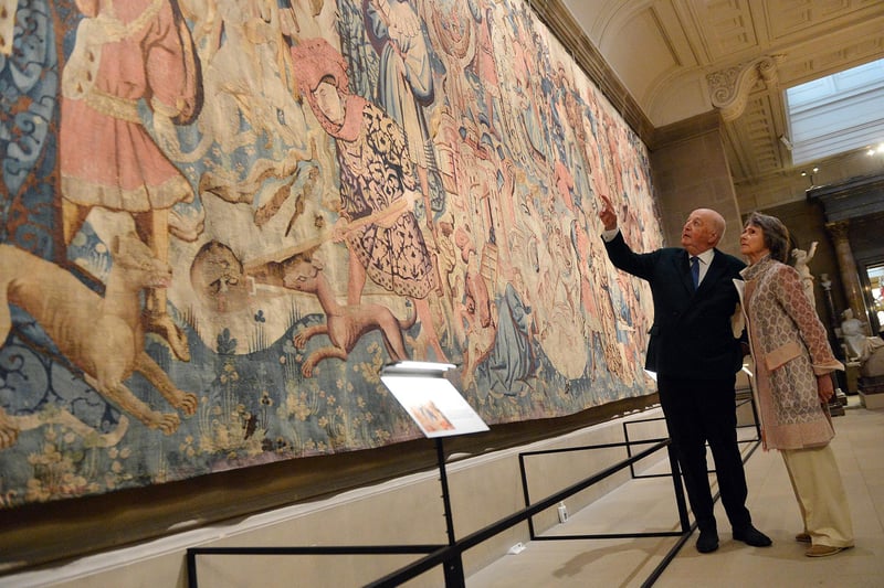 Chatsworth House reopening with the Duke and Duchess of Devonshire. Looking at the Devonshire Hunting Tapestries